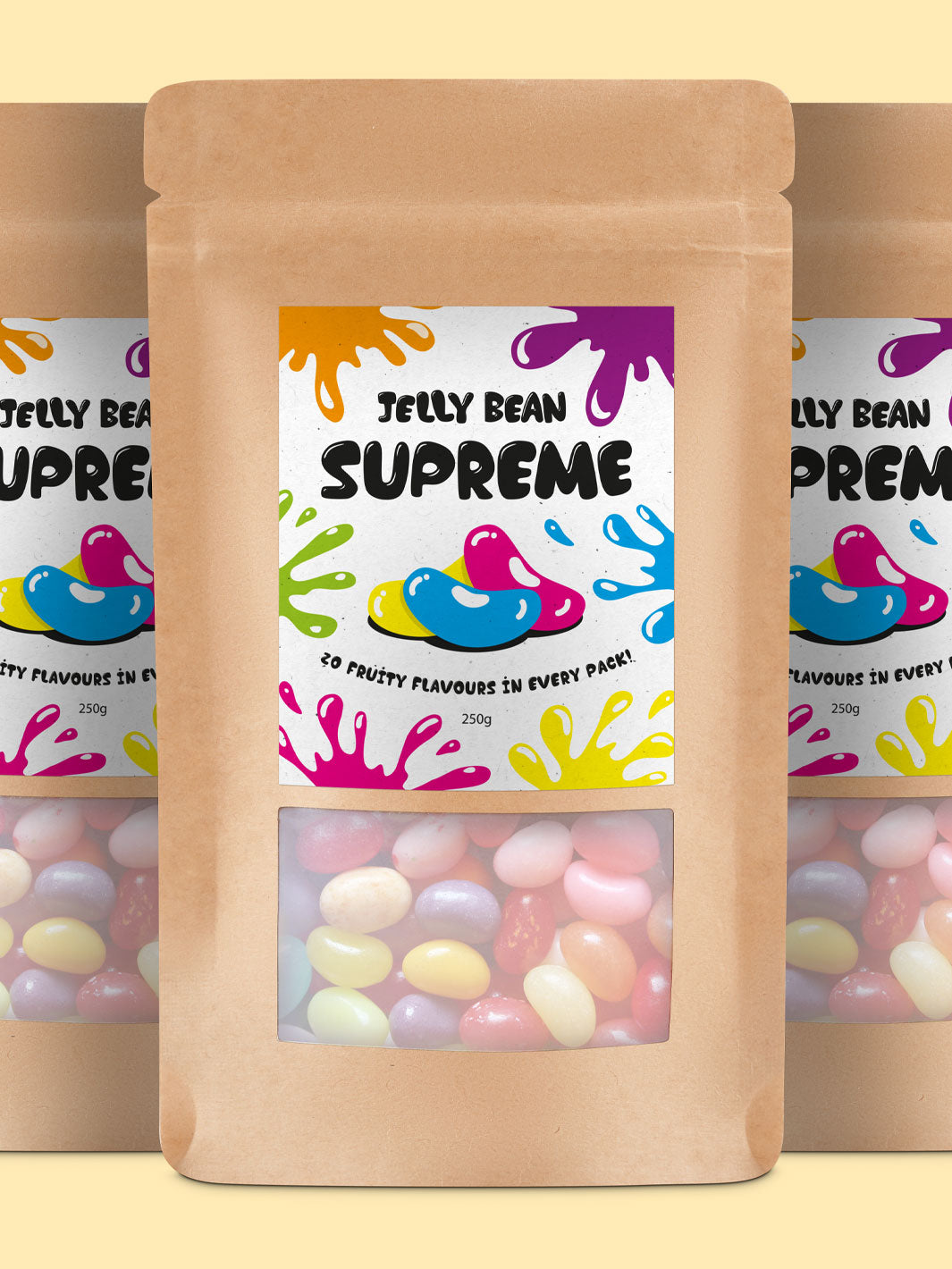 Confectionery stand up pouch packaging with a window, containing jelly bean sweets. A label on the packaging highlights the product contained inside.
