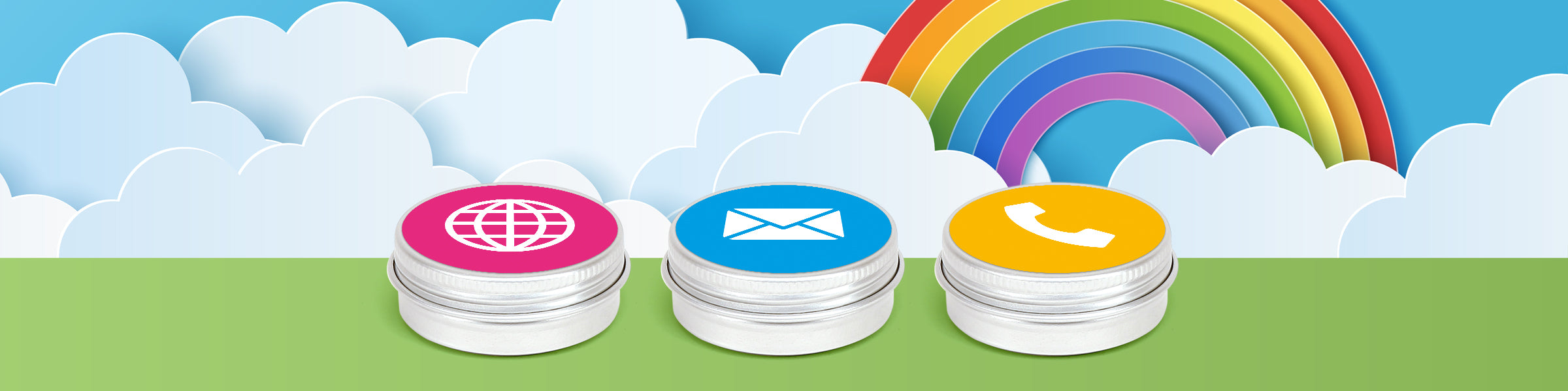 Cartoon tins with rainbow in the background showcasing symbols for connectivity. 
