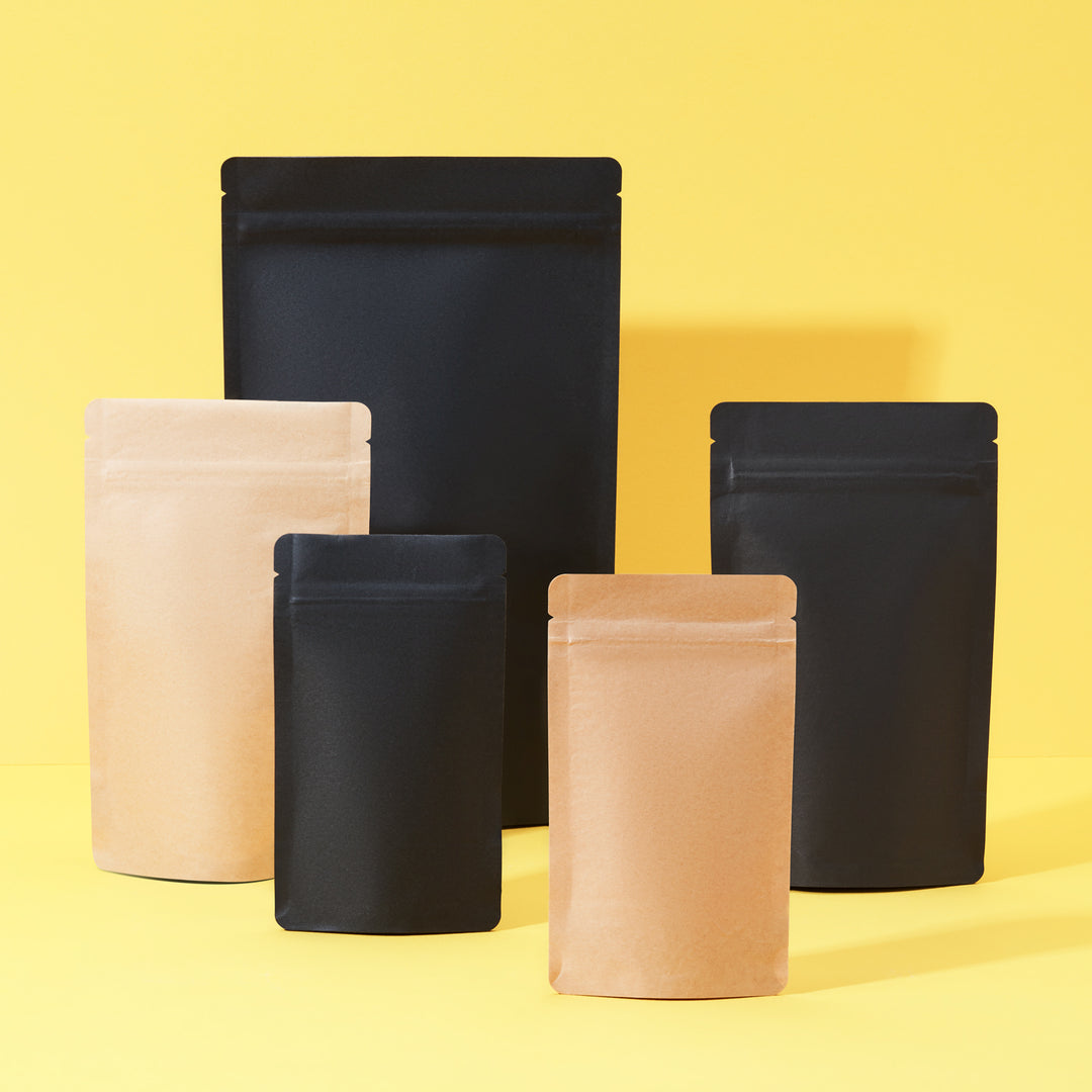 Stand Up Pouches in three different sizes and two colours, kraft brown & black. Product code: P8004K