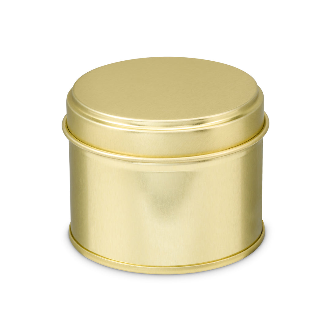 Gold tin with welded side seam on white background, product code T0855.